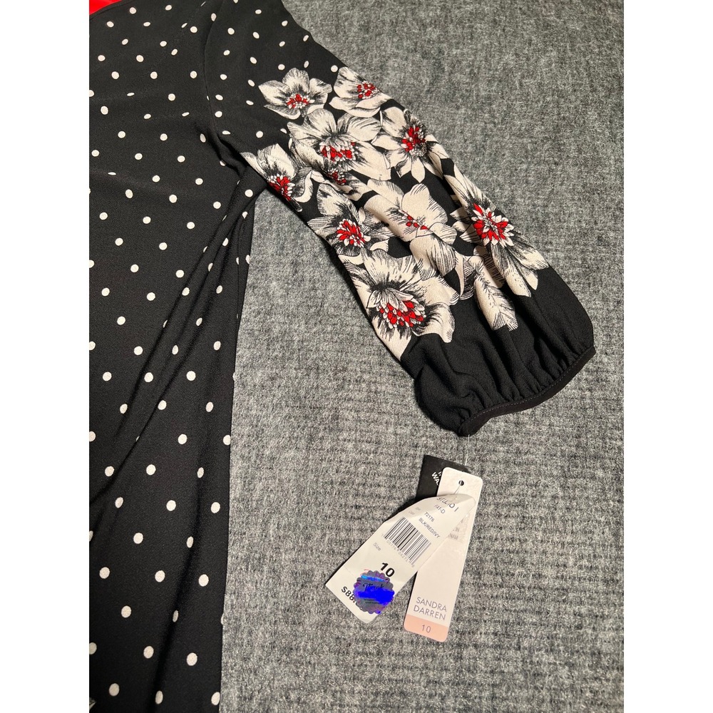Sandra Darren Women's 10 Black Red Polka Dot Dress Lattice Neck Career Party NEW - Picture 5 of 11